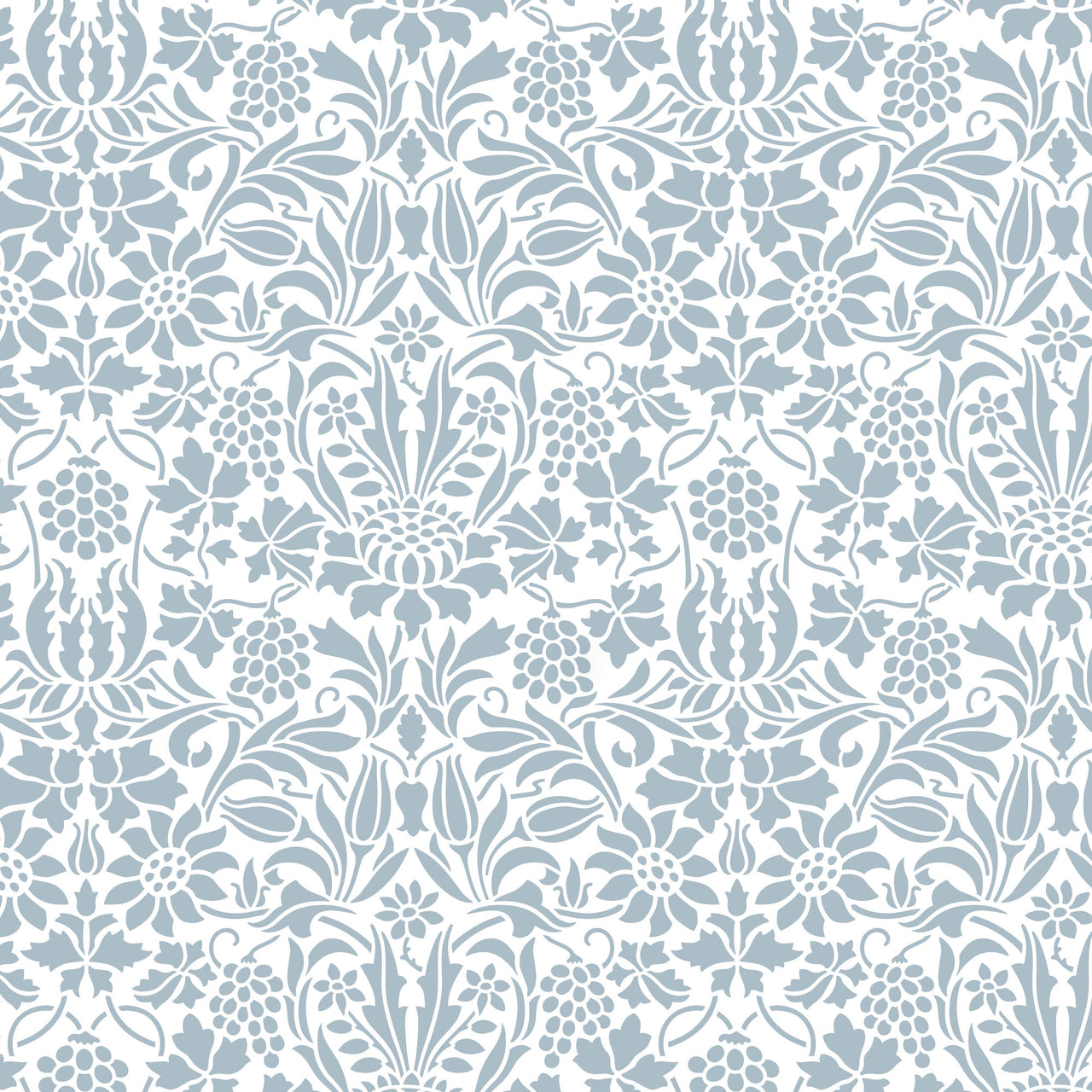 Thistle and Vine wall stencil pattern shown in blue and white floral design with repeating motifs, ideal for DIY wall painting and interior decor projects.