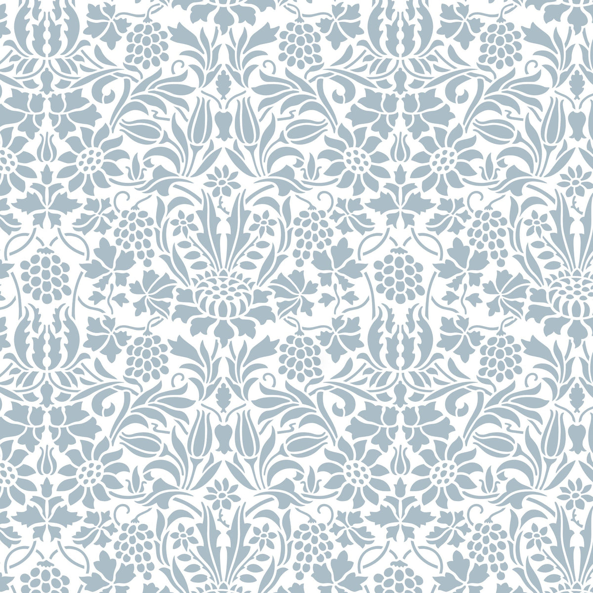 Thistle and Vine wall stencil pattern shown in blue and white floral design with repeating motifs, ideal for DIY wall painting and interior decor projects.