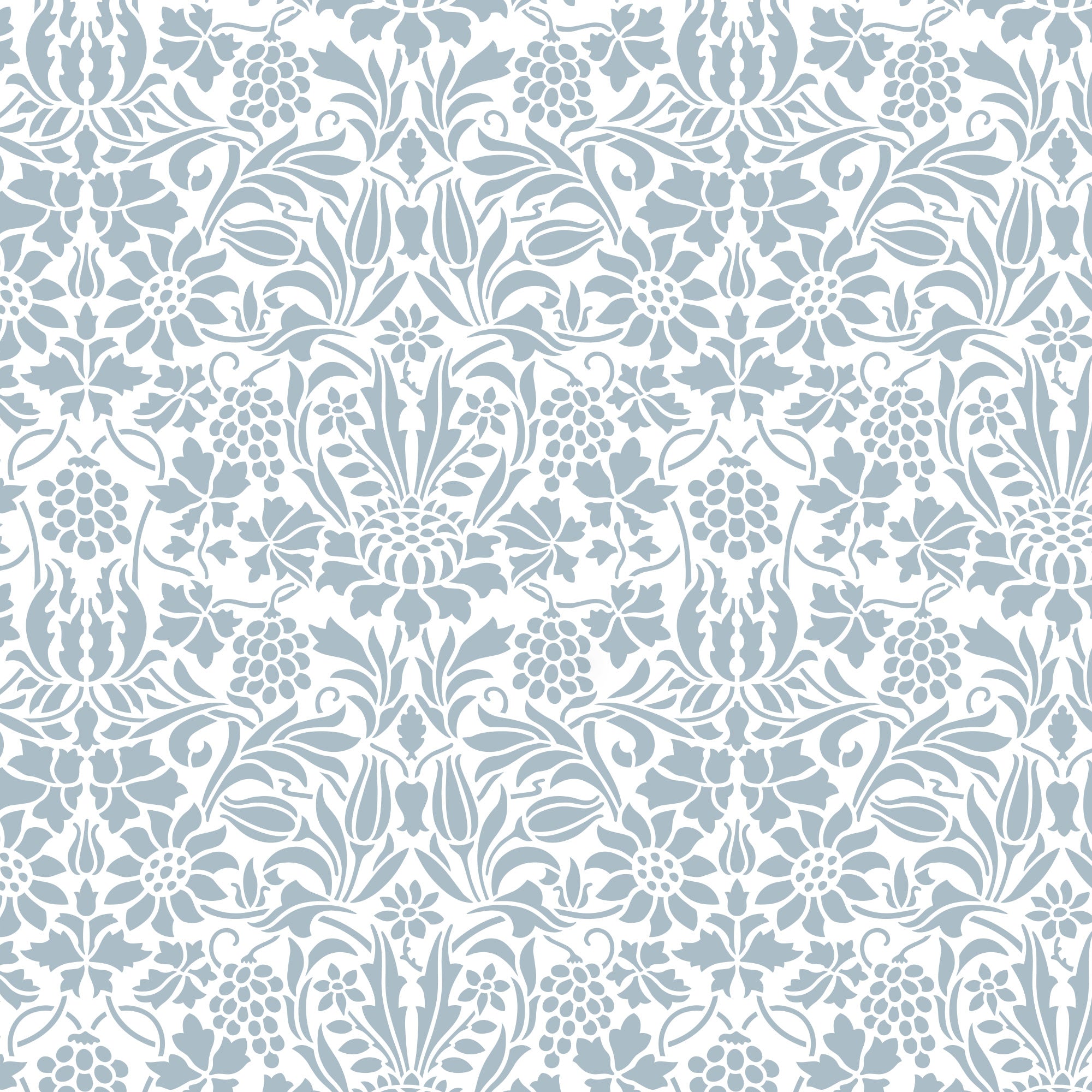 Thistle and Vine wall stencil pattern shown in blue and white floral design with repeating motifs, ideal for DIY wall painting and interior decor projects.
