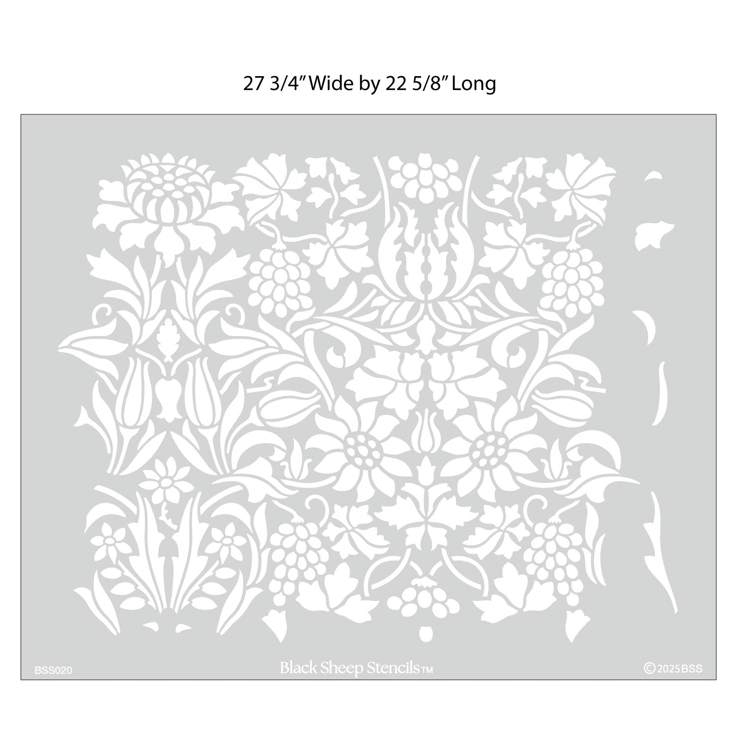 Thistle and Vine wall stencil with product dimensions showing 27 3/4 inches wide by 22 5/8 inches long.