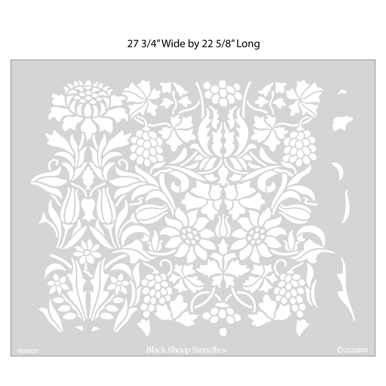 Thistle and Vine wall stencil with product dimensions showing 27 3/4 inches wide by 22 5/8 inches long.