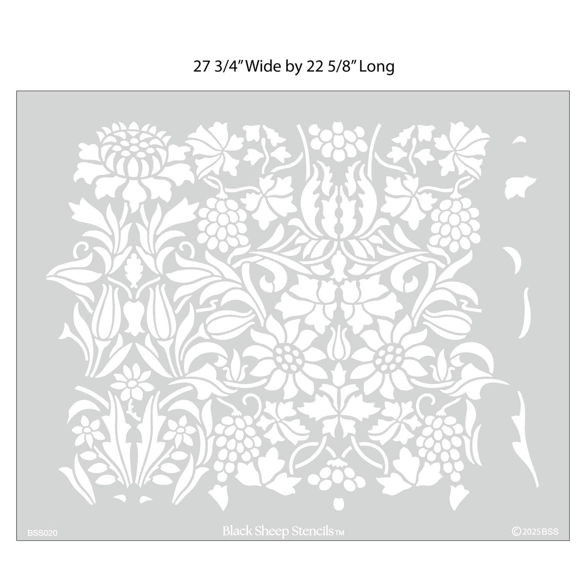 Thistle and Vine wall stencil with product dimensions showing 27 3/4 inches wide by 22 5/8 inches long.