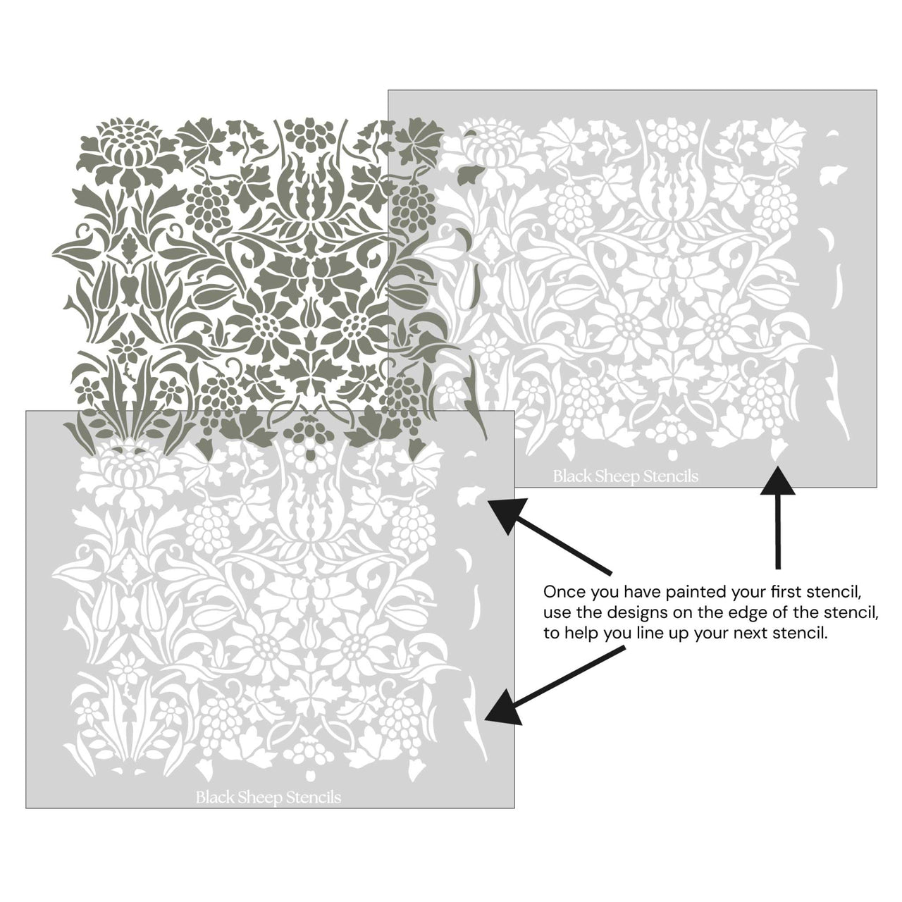 Thistle and Vine wall stencil shown with alignment guides, demonstrating how to line up overlapping stencil sheets for continuous floral pattern during DIY wall painting.