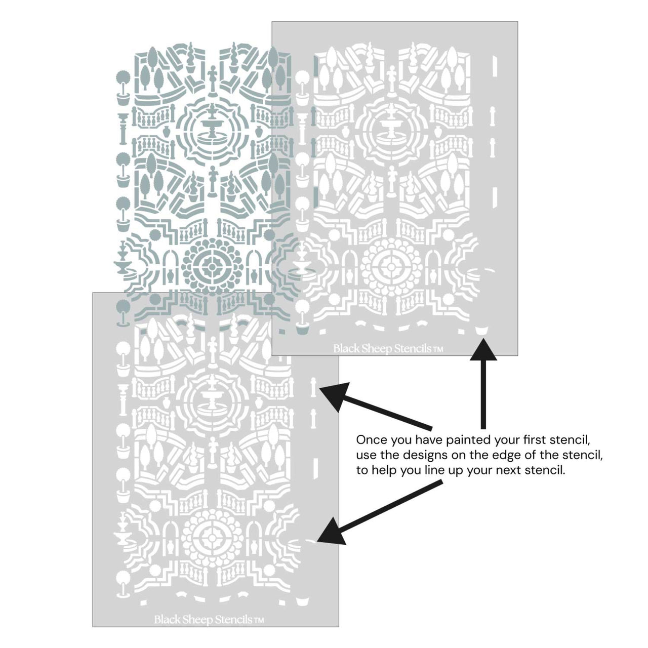 Topiary garden wall stencil shown with alignment guides, demonstrating how to line up overlapping stencil sheets for continuous floral pattern during DIY wall painting.