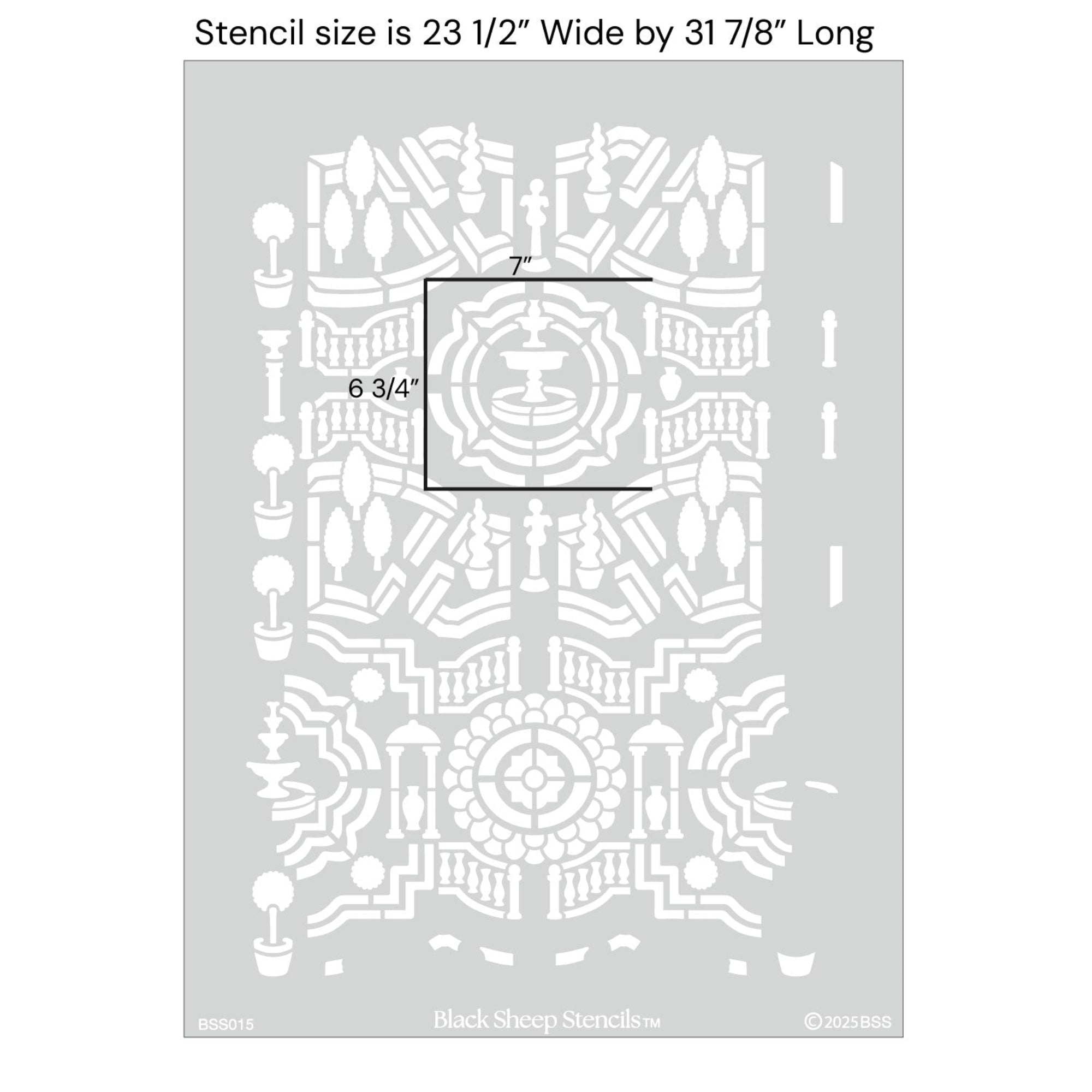 Topiary garden wall stencil with product dimensions showing 23 1/2 inches wide by 31 7/8 inches long.