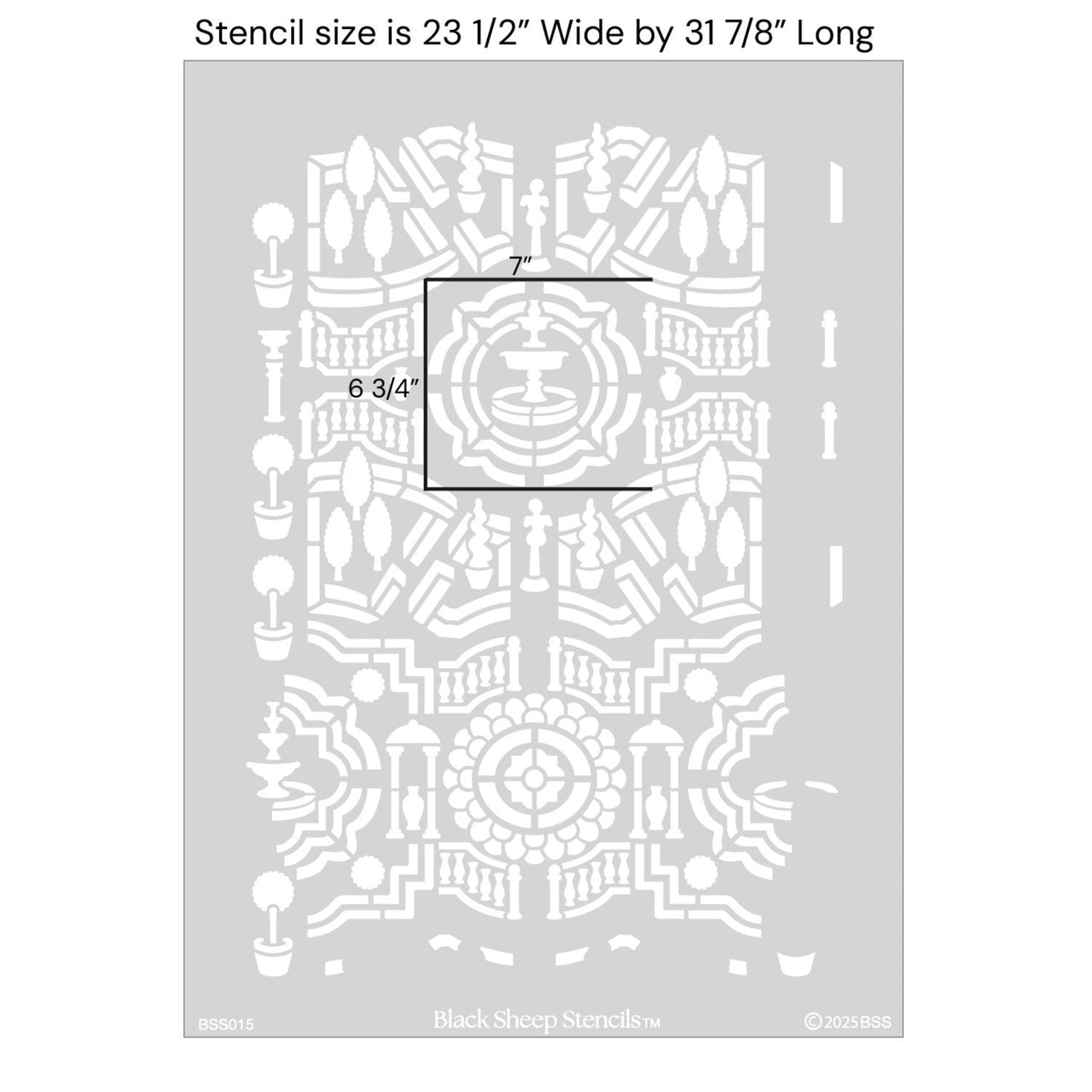 Topiary garden wall stencil with product dimensions showing 23 1/2 inches wide by 31 7/8 inches long.