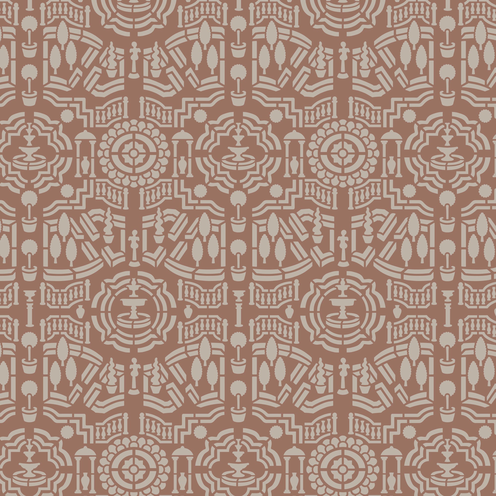 Topiary garden wall  stencil pattern shown in dusty rose and beige design with repeating motifs, ideal for DIY wall painting and interior decor projects.