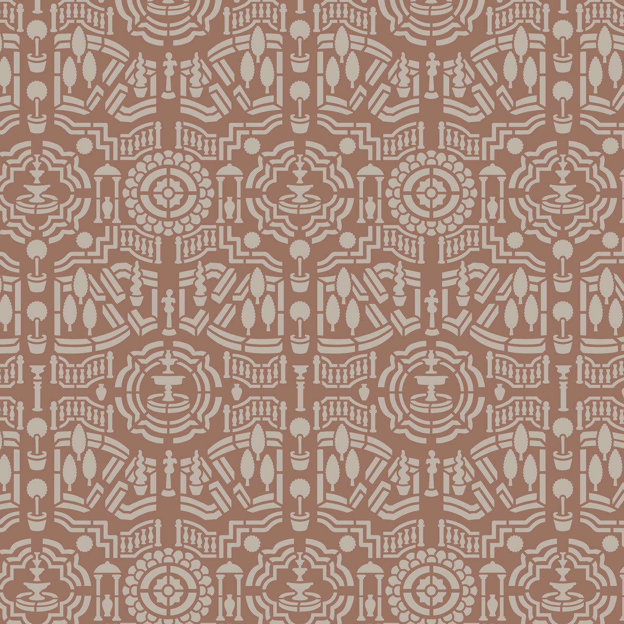 Topiary garden wall  stencil pattern shown in dusty rose and beige design with repeating motifs, ideal for DIY wall painting and interior decor projects.