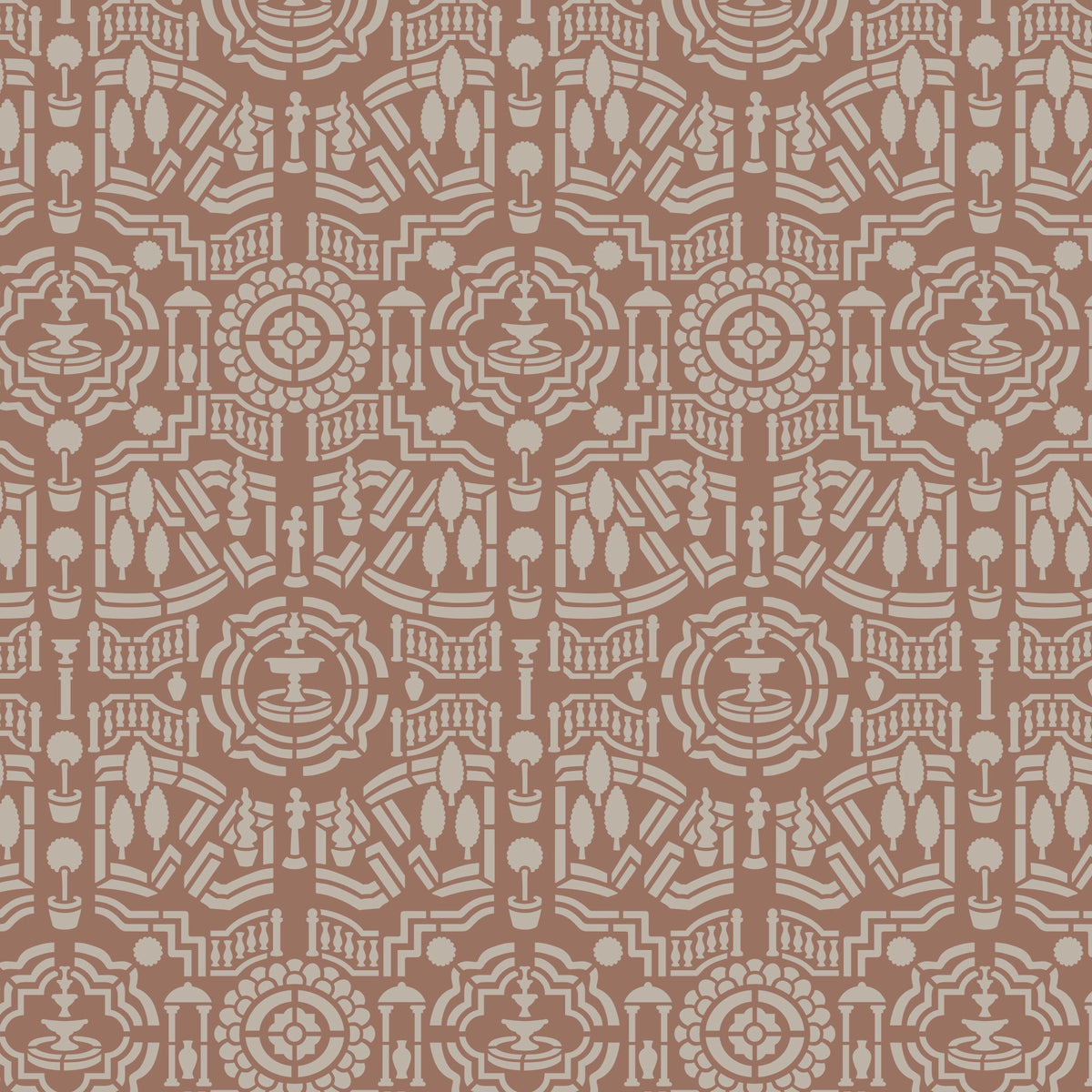 Topiary garden wall  stencil pattern shown in dusty rose and beige design with repeating motifs, ideal for DIY wall painting and interior decor projects.