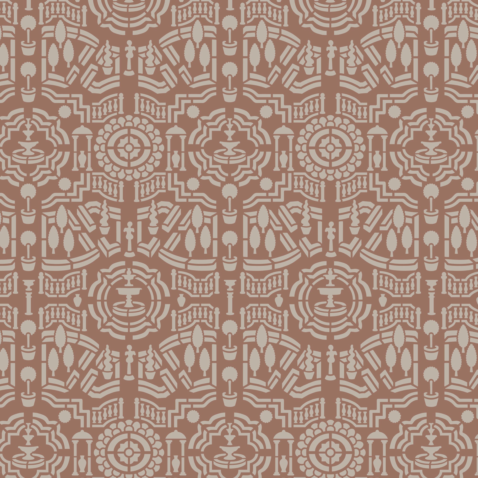 Topiary garden wall  stencil pattern shown in dusty rose and beige design with repeating motifs, ideal for DIY wall painting and interior decor projects.