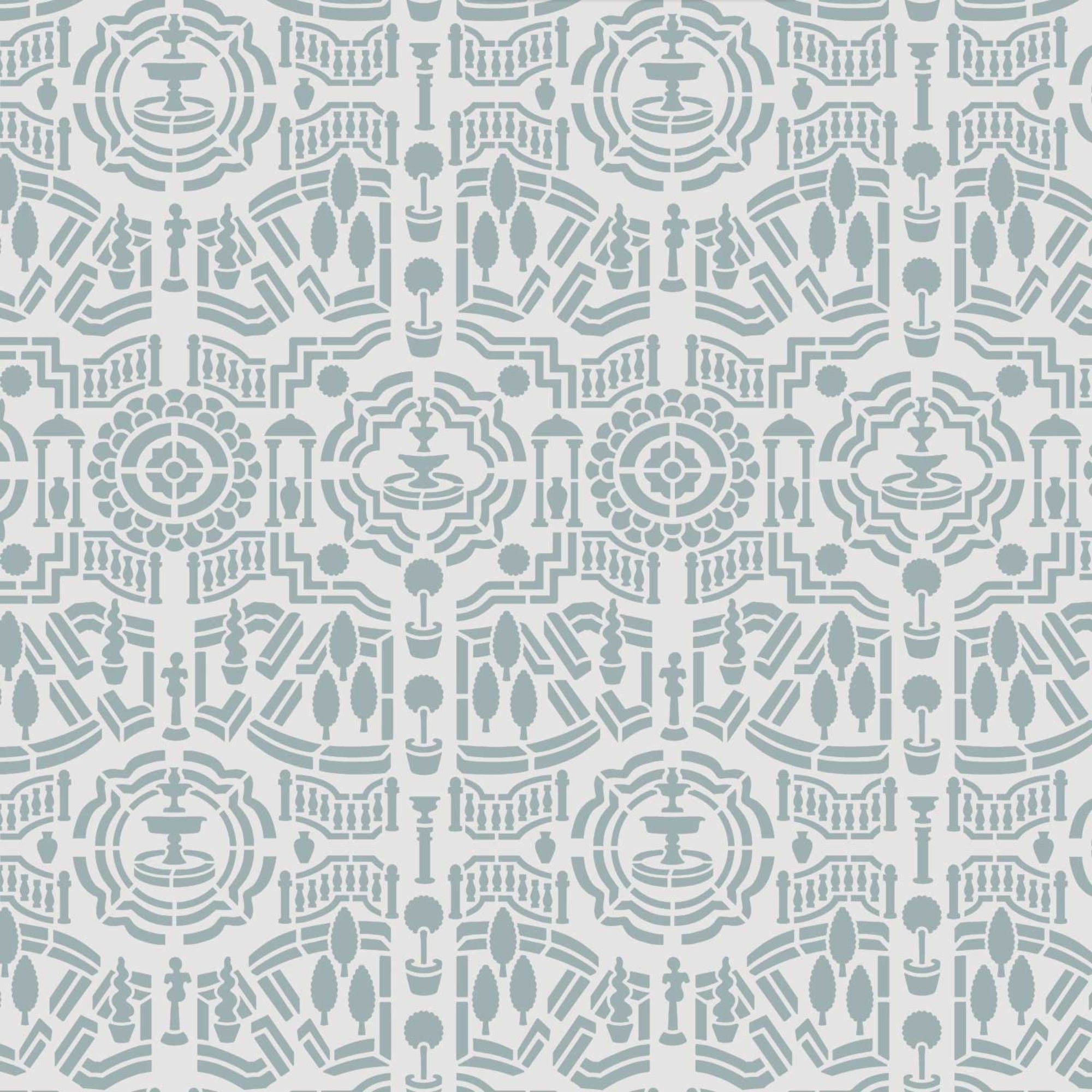 Topiary garden wall stencil pattern shown in a light green and a darker green design with repeating motifs, ideal for DIY wall painting and interior decor projects.