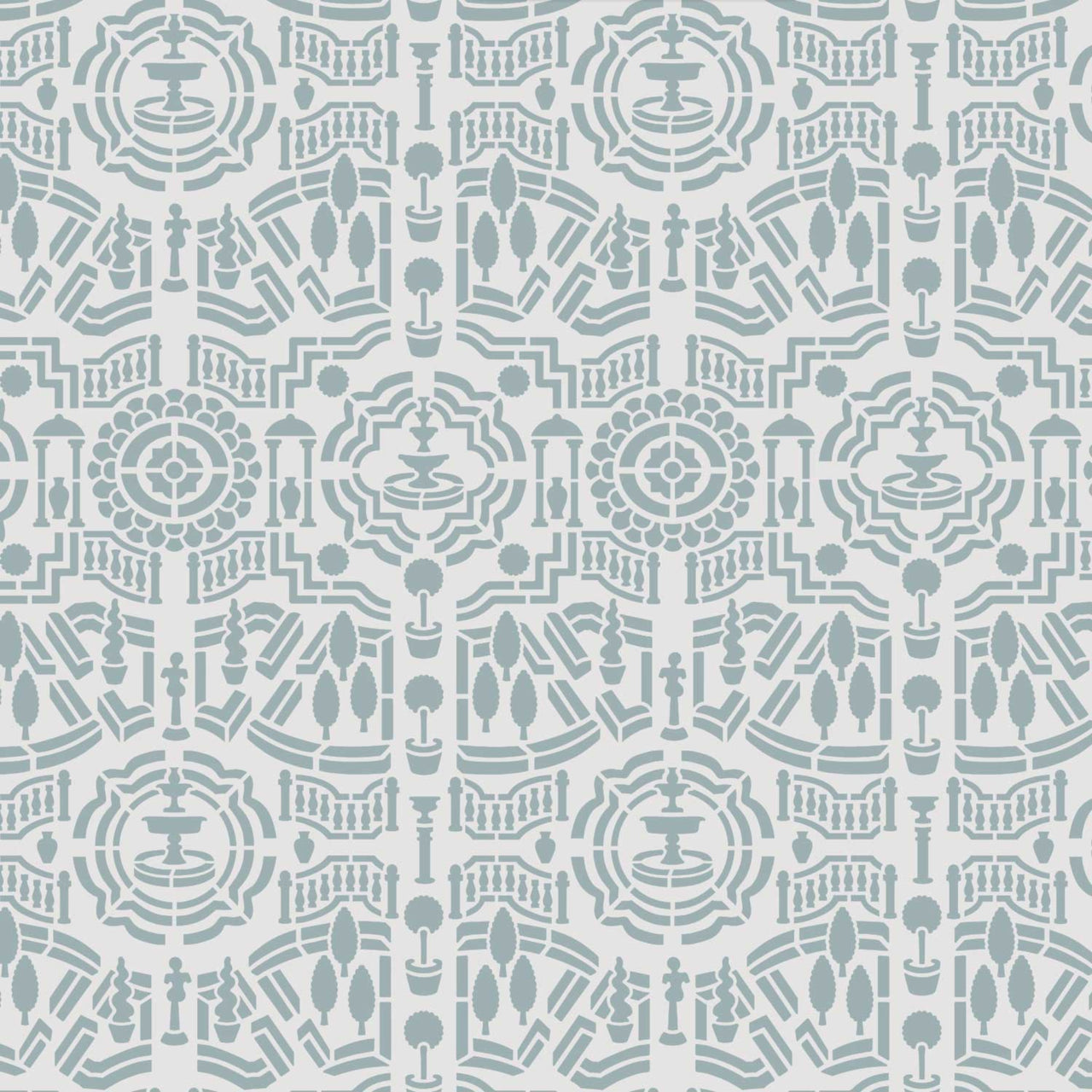 Topiary garden wall stencil pattern shown in a light green and a darker green design with repeating motifs, ideal for DIY wall painting and interior decor projects.