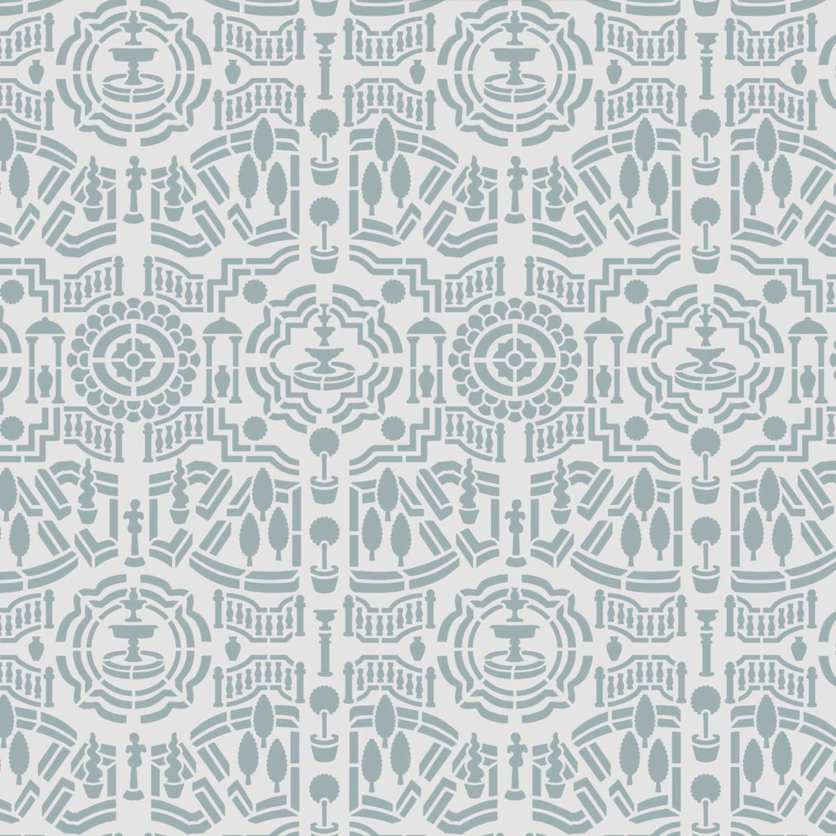 Topiary garden wall stencil pattern shown in a light green and a darker green design with repeating motifs, ideal for DIY wall painting and interior decor projects.