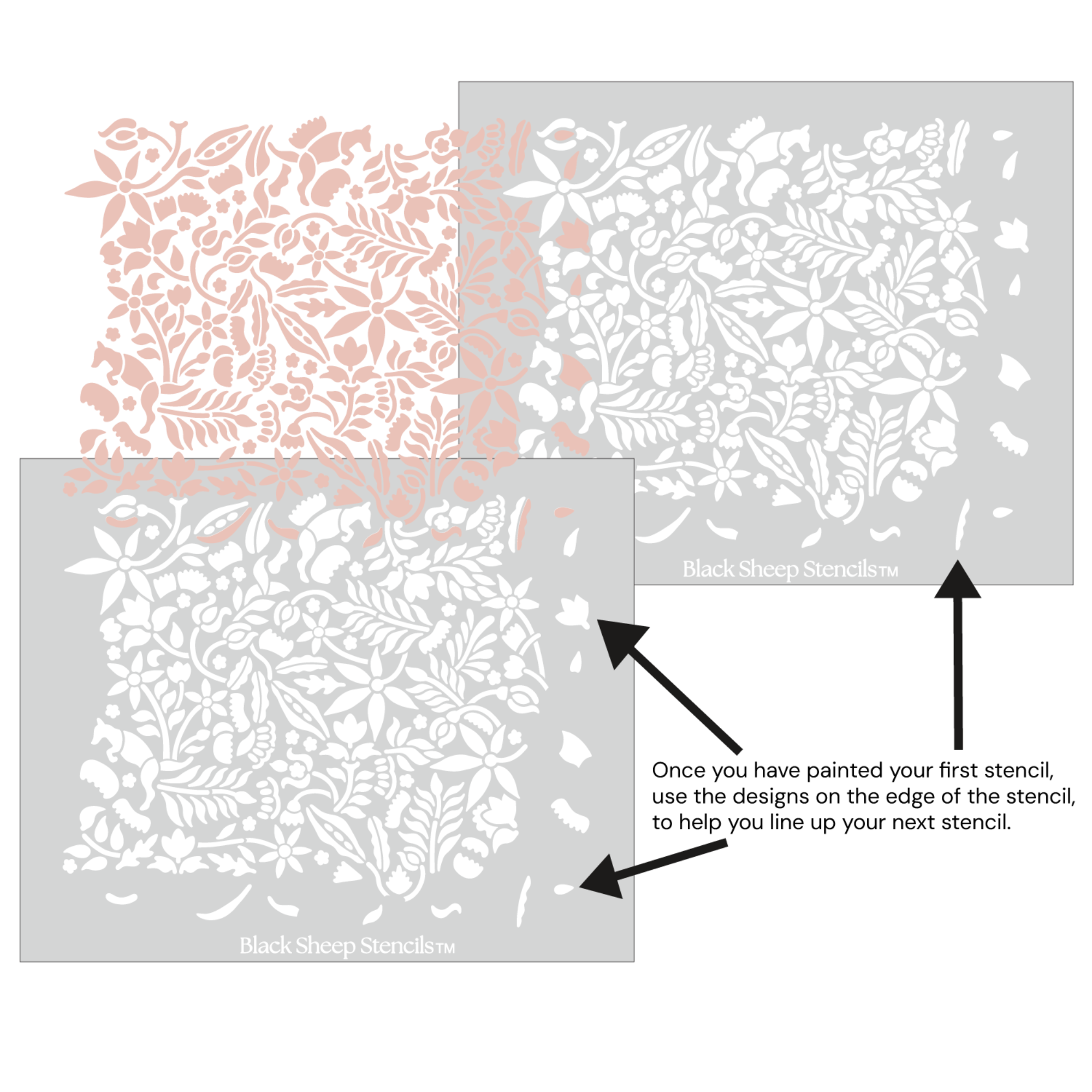 Woodland Foxes wall stencil shown with alignment guides, demonstrating how to line up overlapping stencil sheets for a continuous floral pattern during DIY wall painting.