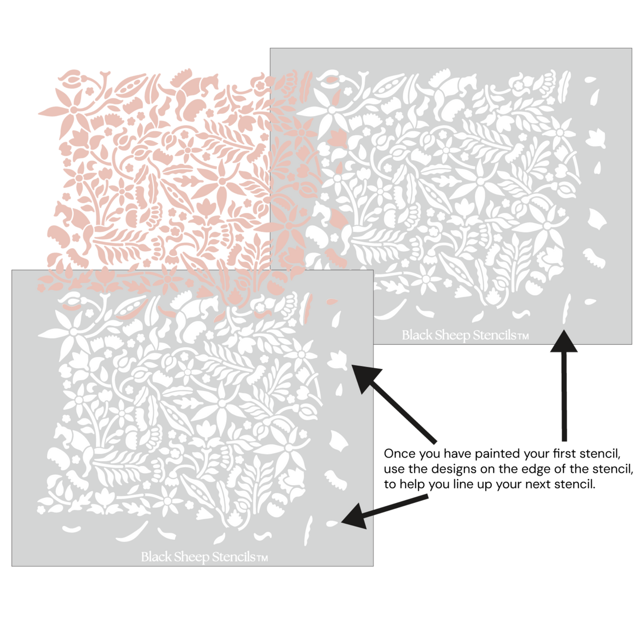 Woodland Foxes wall stencil shown with alignment guides, demonstrating how to line up overlapping stencil sheets for a continuous floral pattern during DIY wall painting.