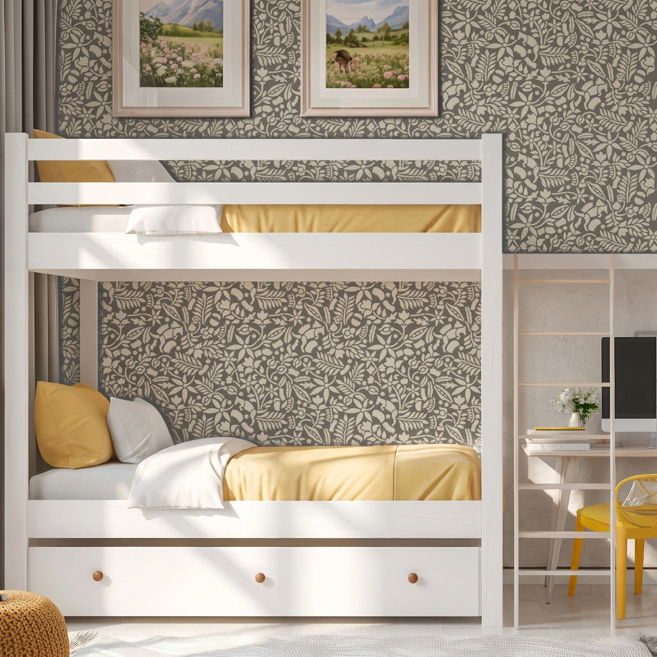 Woodland Foxes wall stencil applied behind a white bunk bed, featuring an all-over woodland pattern with foxes, flowers, leaves, and branches, and natural highlight the greenish gray and white painted stencil on the wall.