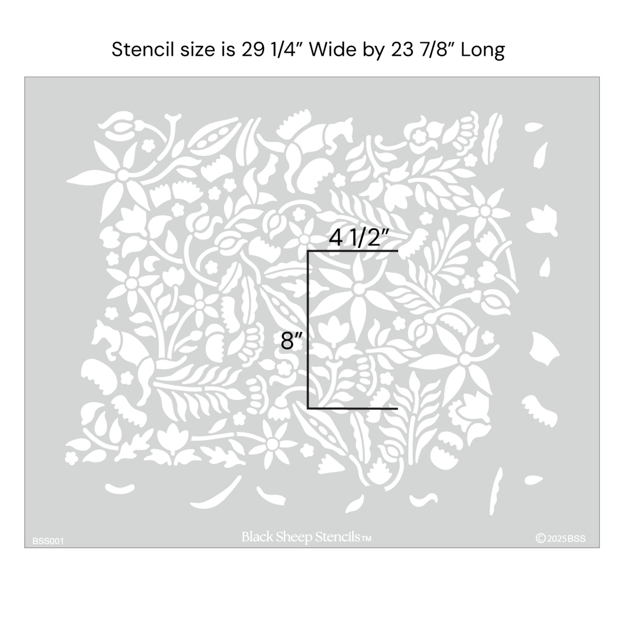 Woodland Foxes wall stencil with full product dimensions showing 29 1/4