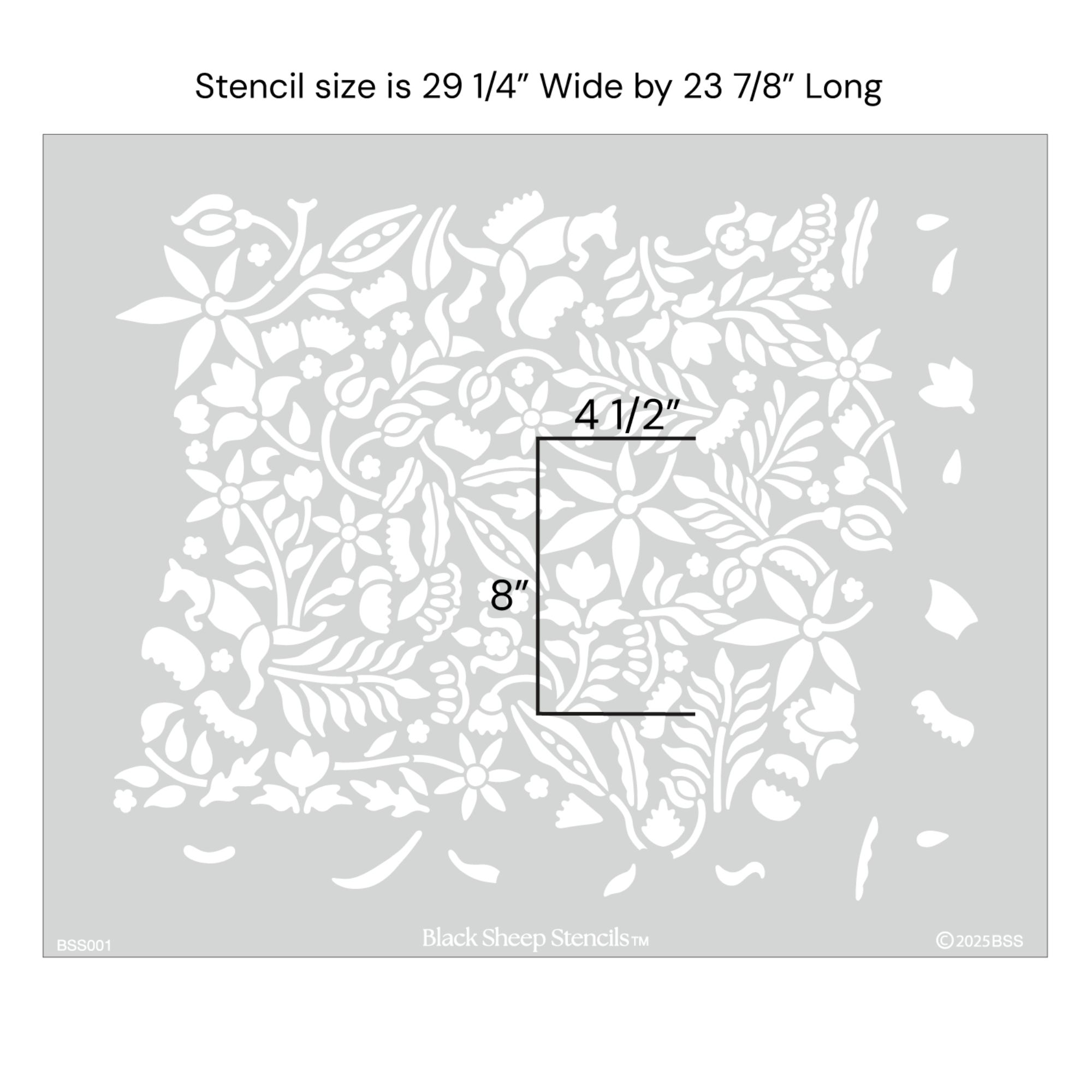 Woodland Foxes wall stencil with full product dimensions showing 29 1/4" wide by 23 7/8 inches long.