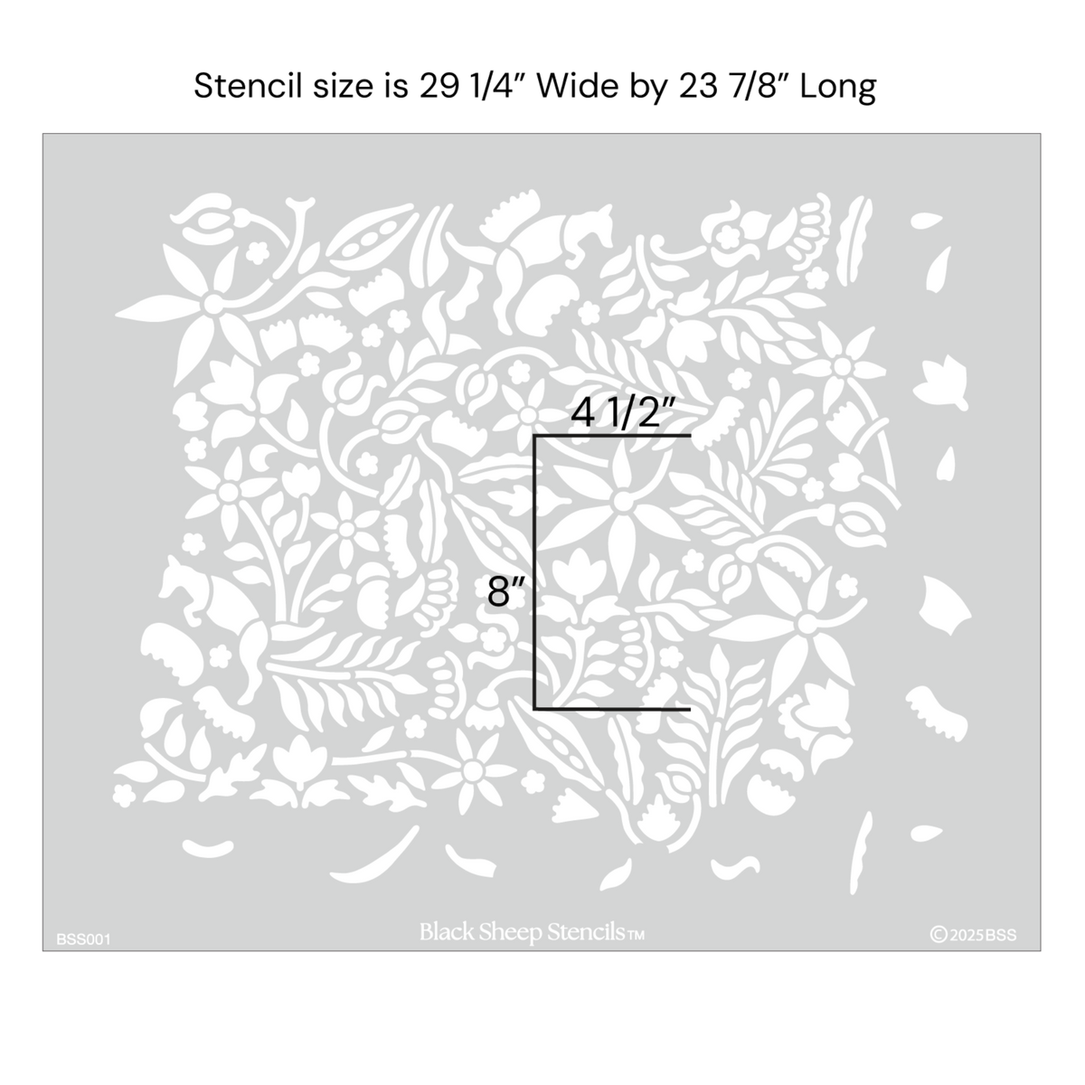 Woodland Foxes wall stencil with full product dimensions showing 29 1/4" wide by 23 7/8 inches long.