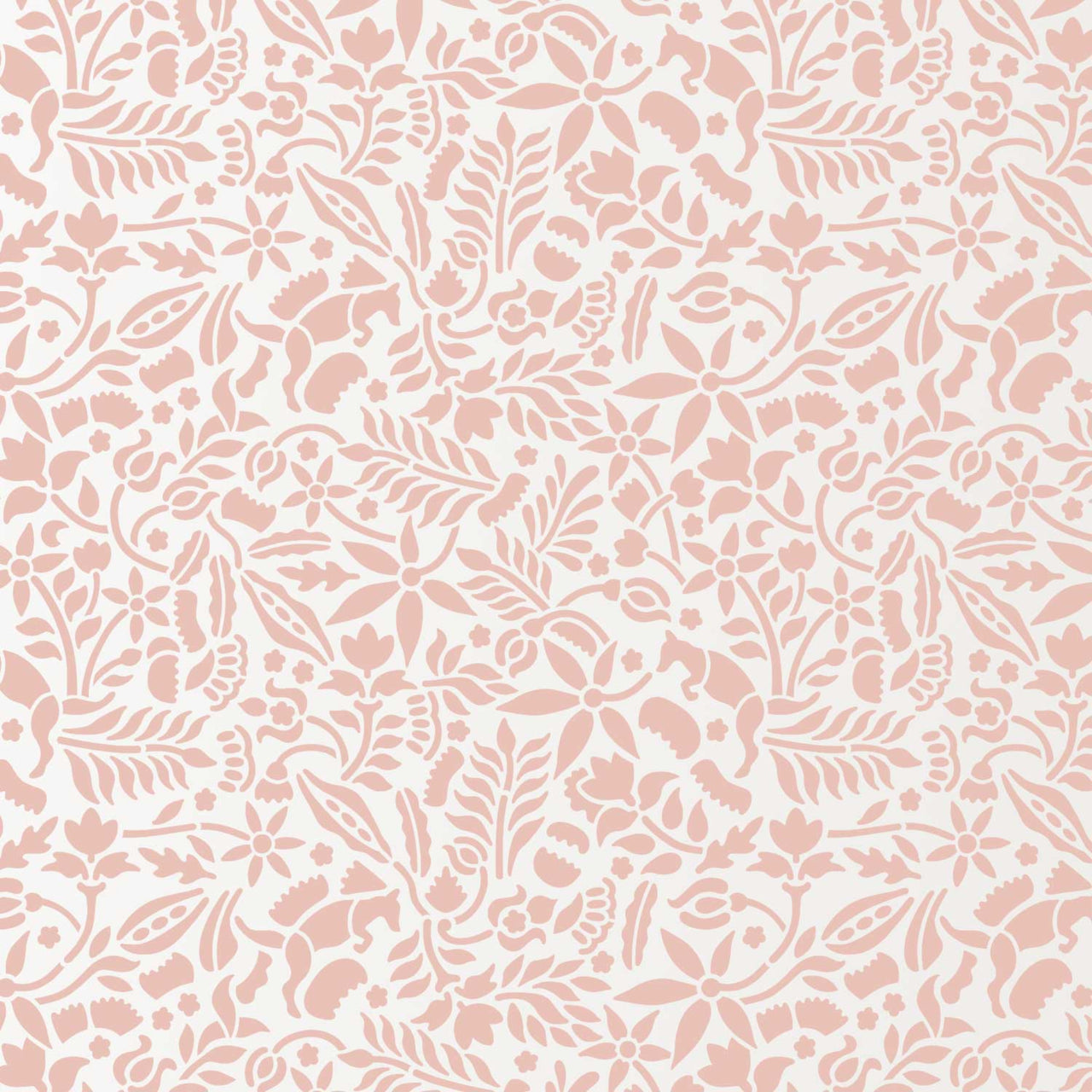 Woodland Foxes stencil pattern shown in soft pink and white floral, foxes, leaves and branch design with repeating motifs, ideal for DIY wall painting and interior decor projects.