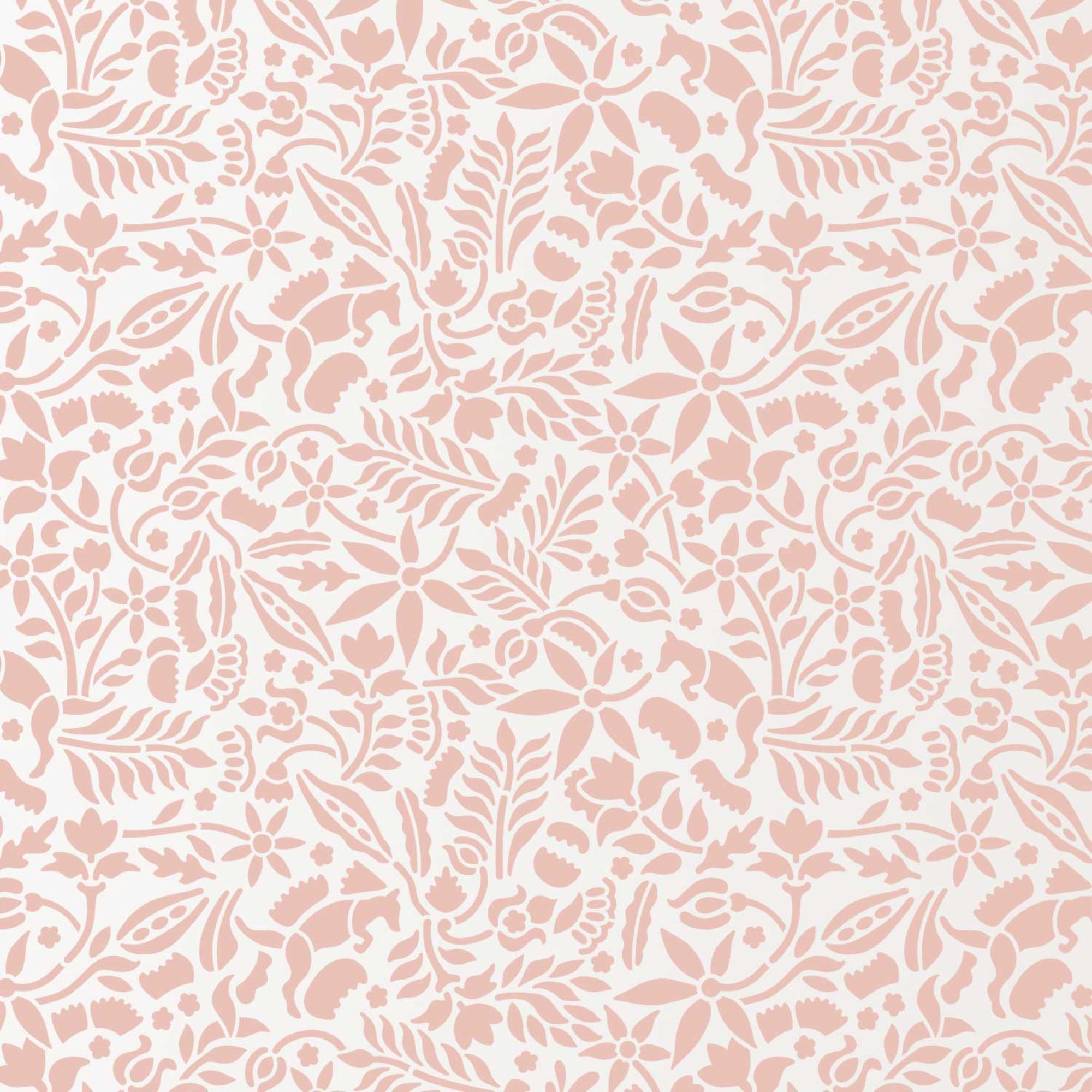 Woodland Foxes stencil pattern shown in soft pink and white floral, foxes, leaves and branch design with repeating motifs, ideal for DIY wall painting and interior decor projects.