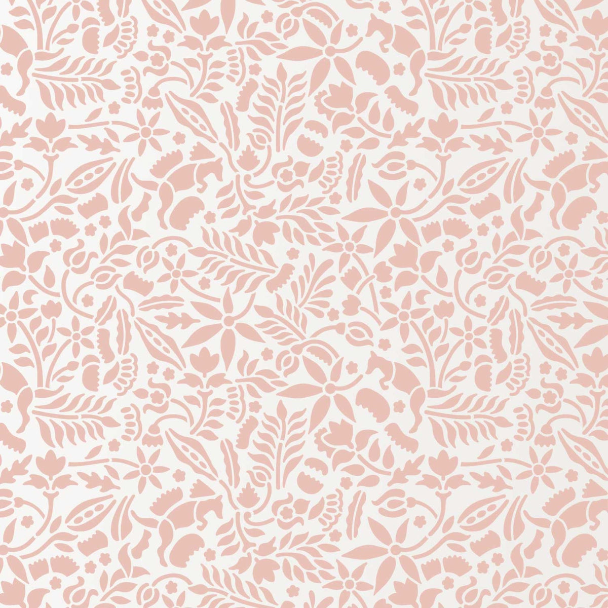 Woodland Foxes stencil pattern shown in soft pink and white floral, foxes, leaves and branch design with repeating motifs, ideal for DIY wall painting and interior decor projects.