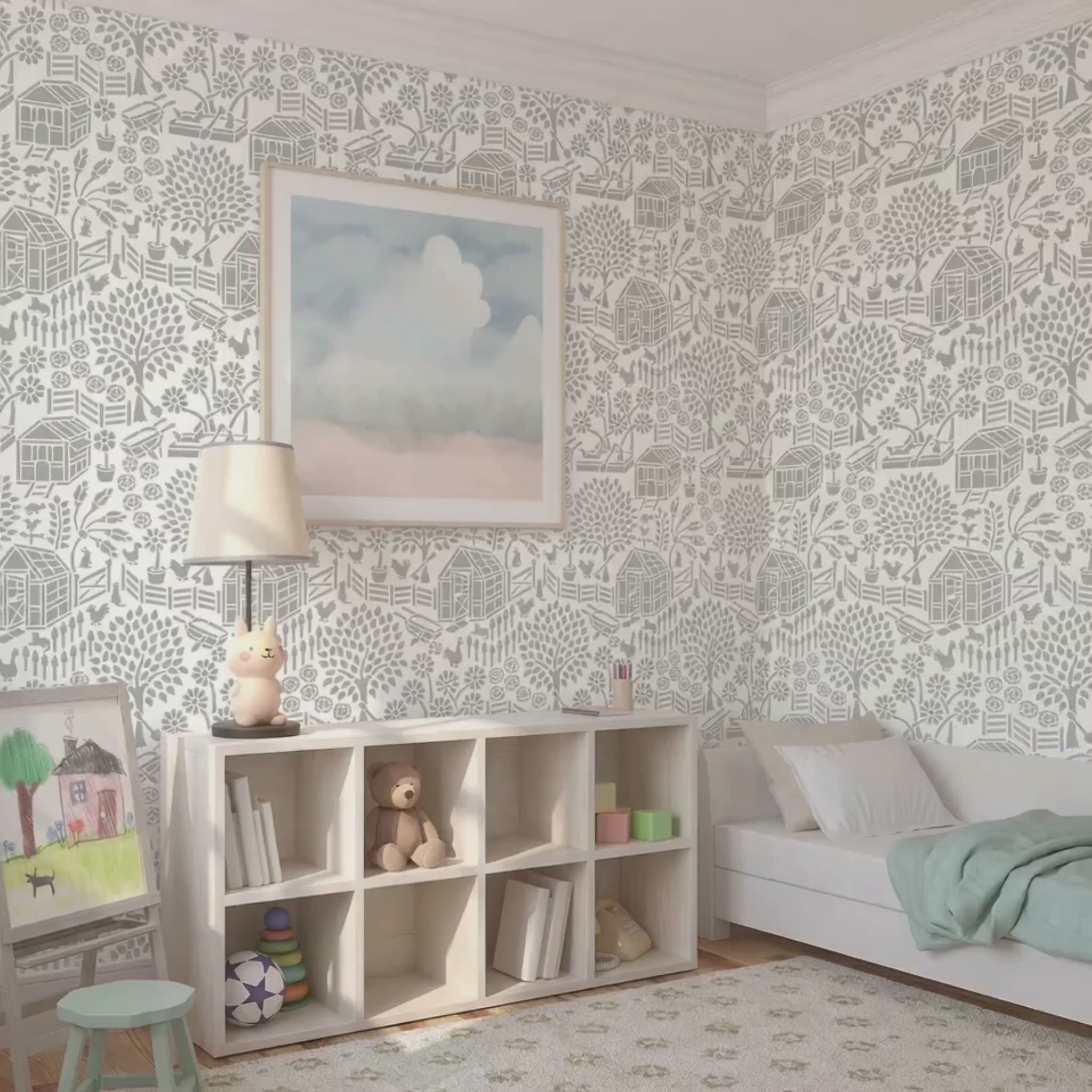 Video of, floral garden stencil applied on the wall with a framed landscape print, a lit table lamp shaped like a rabbit, and a shelf with books and a teddy bear, and soft natural light highlighting the soft green and white painted stencil on the wall. Mother puts child to bed with a dog watching.