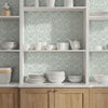 Woman enters the room that has the botanical tile wall stencil painted inside the cupboard. She picks up some plates from the cupboard and exits the room.