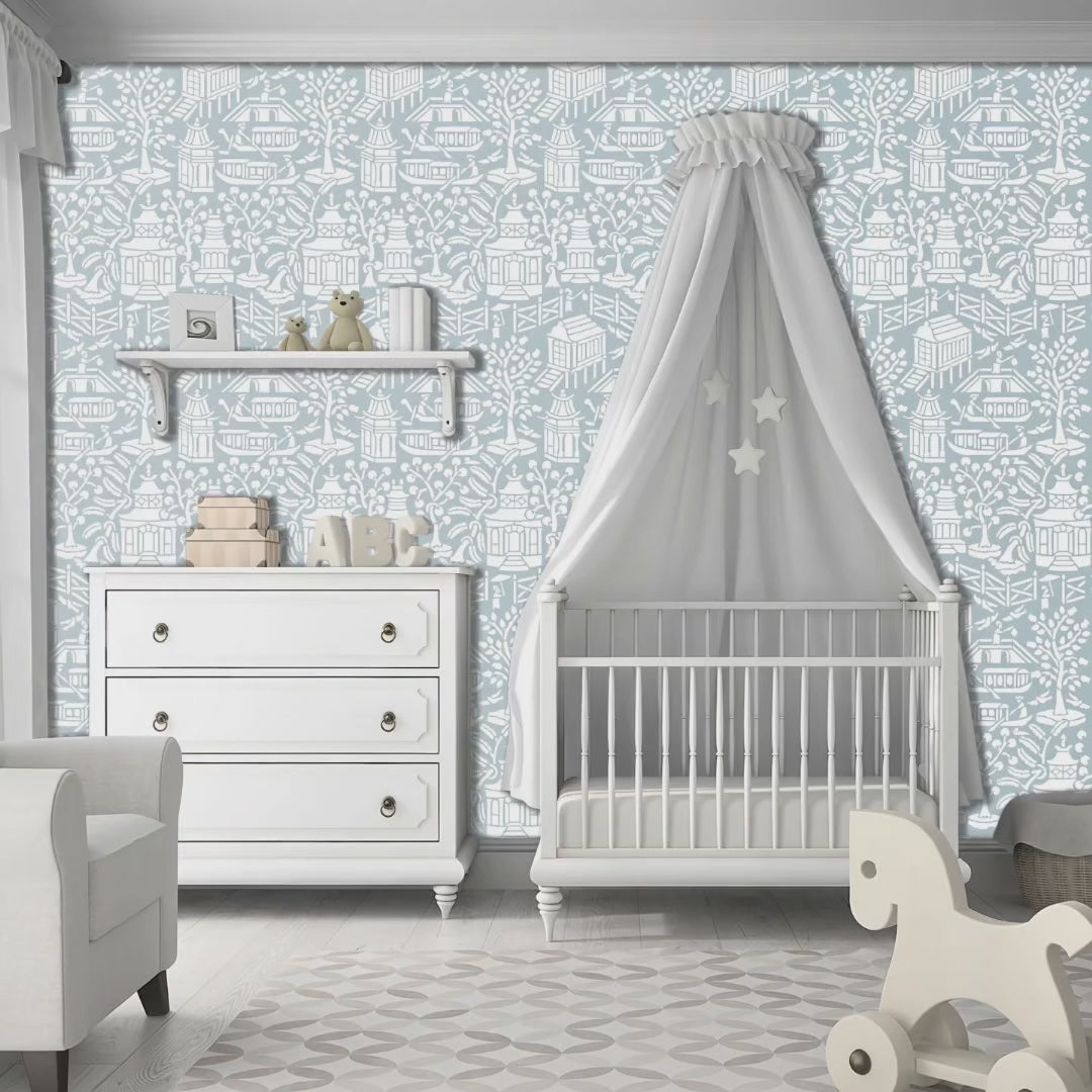 Asian Garden wall stencil in nursery. Mother enters carrying her baby followed by a dog. mother lays baby in crib and mother and dog exit the room video.
