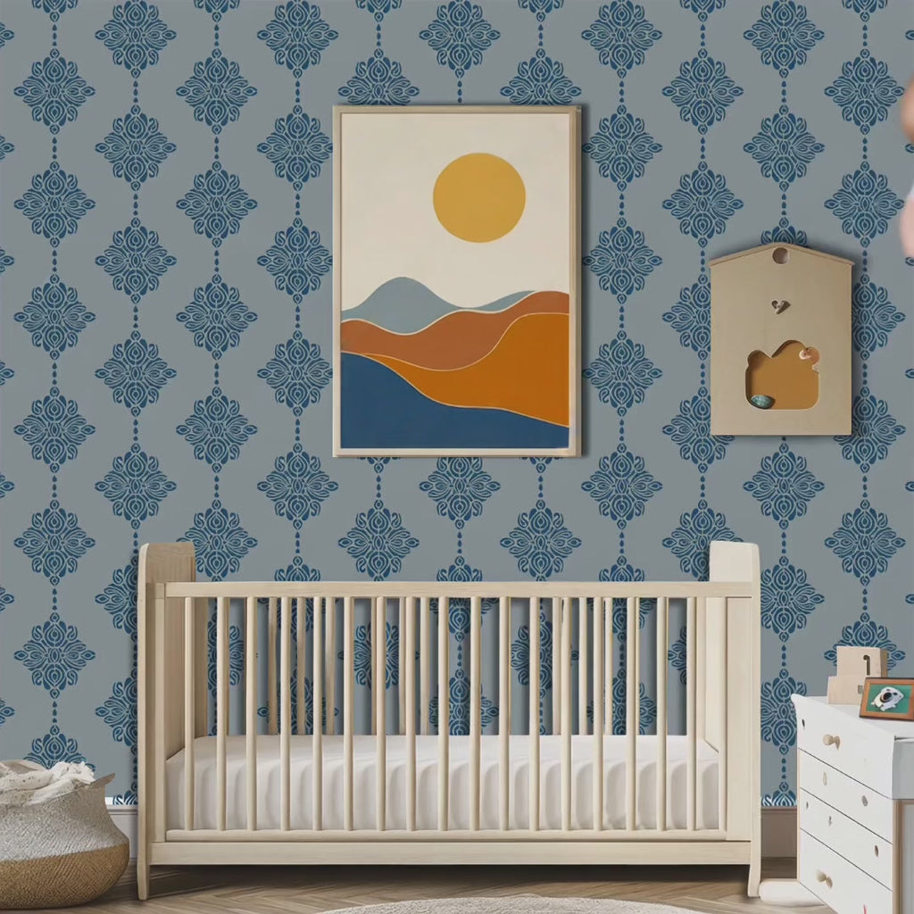 Damask Block Print wall stencil in nursery. Man enters with his baby followed by a labrador retriever. Man places baby in crib, pets the dog and exits the room video.