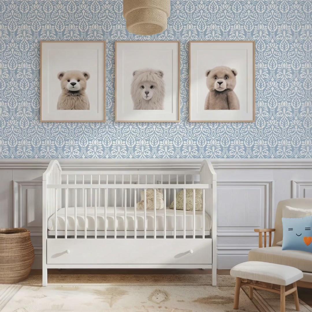 Spear thistle wall stencil in nursery. Man walks in with a dog in holding baby, puts baby in the crib and exits the room video.