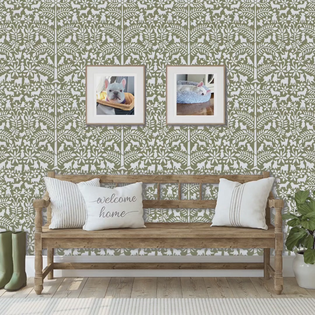 Dogs in the garden wall stencil. Woman sits on the bench, ties her shoe, pets the dog and exits the room video.