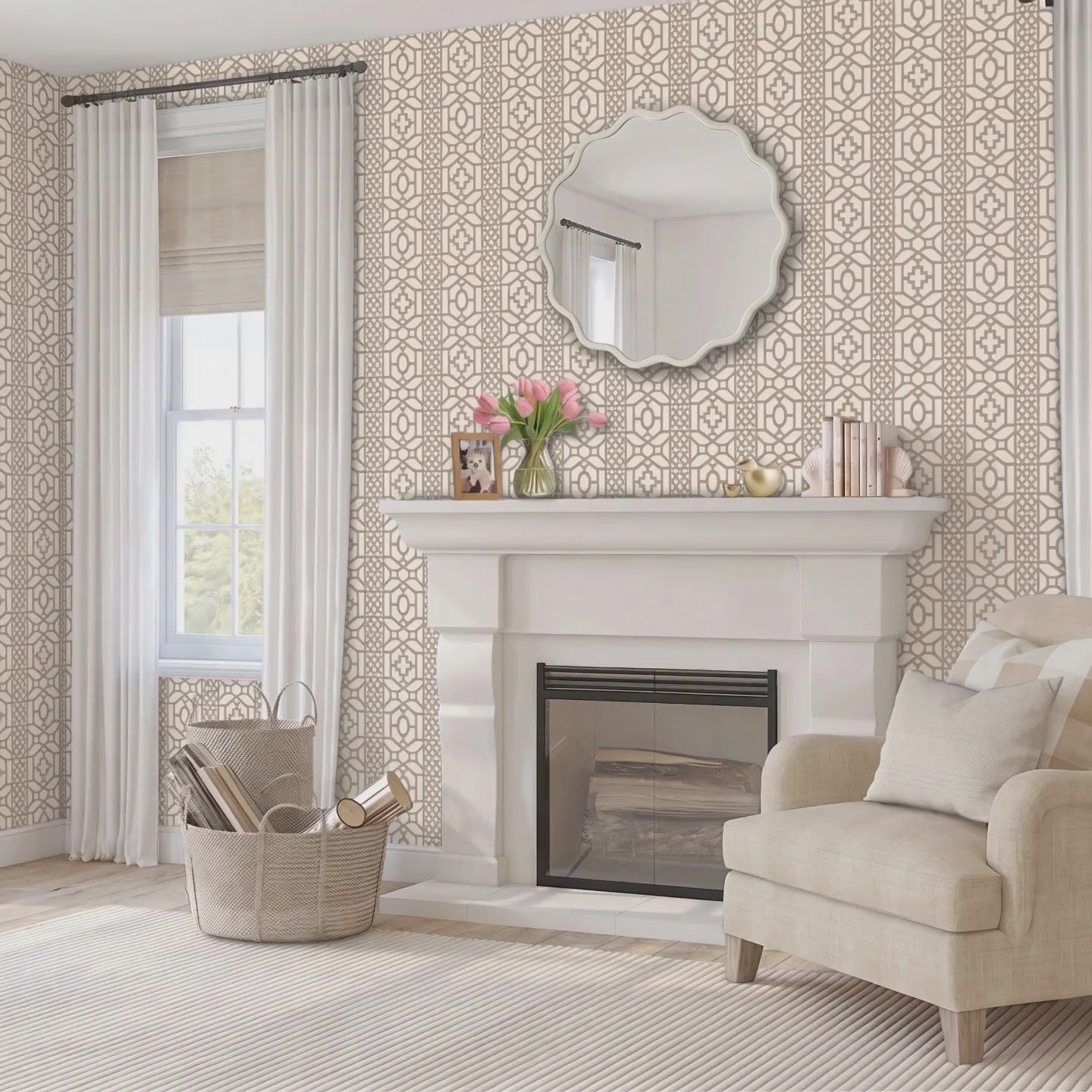Video of, moroccan lattice wall stencil applied behind a white fireplace mantel with tulips, books, a scalloped mirror, and soft natural light creating a warm, elegant room setting. Woman walks in and sits down on the chair holding a glass of wine while dog is sleeping on the floor.