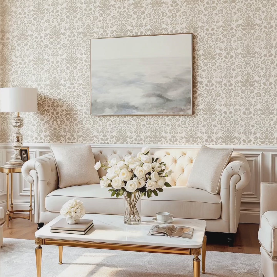 Floral Damask wall stencil in living room. Two women enter the room, one is carrying a teapot and a cup and they both sit down video.