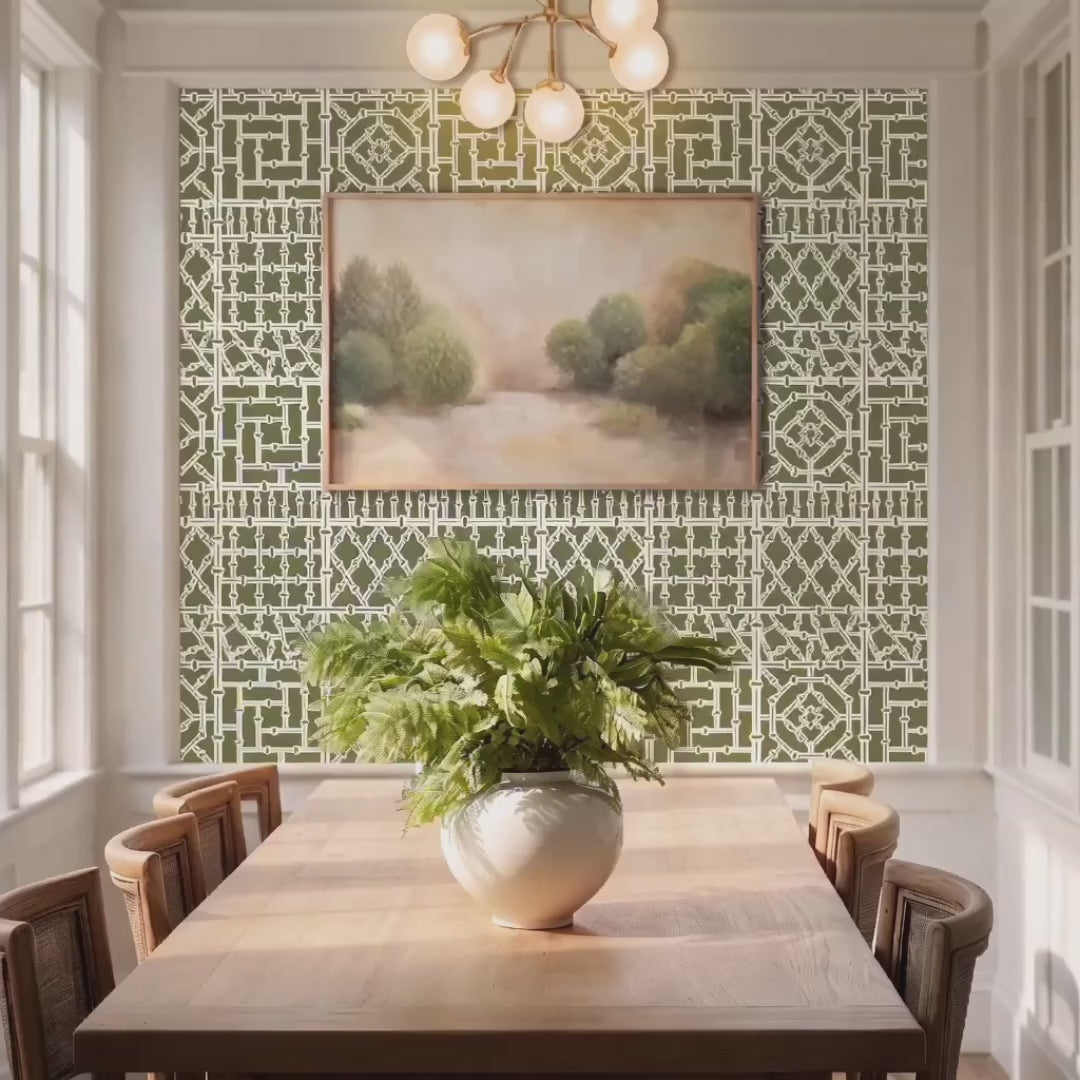 Bamboo wall stencil in dining room and woman places plates on the table video