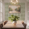 Bamboo wall stencil in dining room and woman places plates on the table video