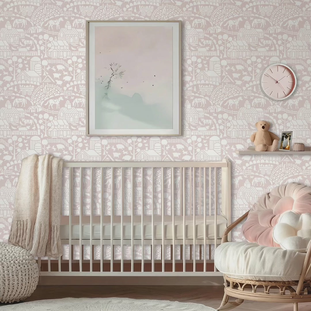 Video of day at the farm farmhouse wall stencil applied in a nursery with a crib, a clock on the wall, a shelf with a teddy bear, a chair, a framed picture on the wall and natural light highlighting the light pink and white painted stencil on the wall. Mother places baby in crib, sits down and there is a dog at her feet.