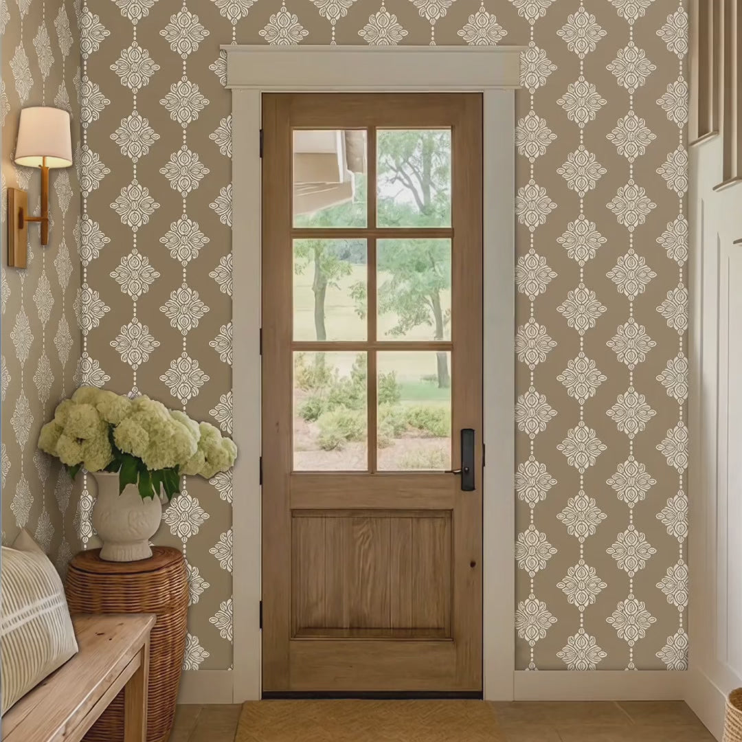 Damask Block Print wall stencil video. Woman enters the front door with her dog.