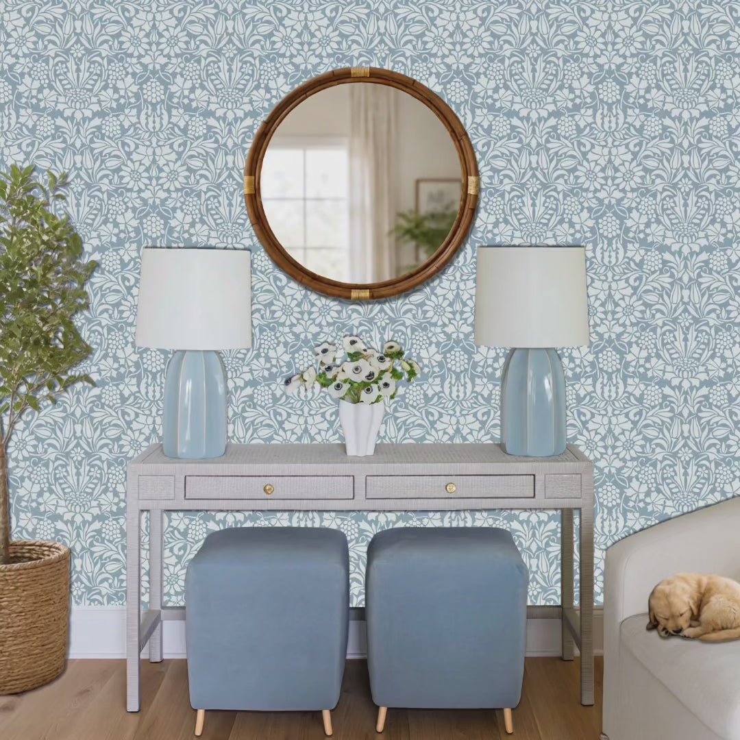Thistle and Vine wall stencil in room with desk, two ottomans and golden retriever puppy video.