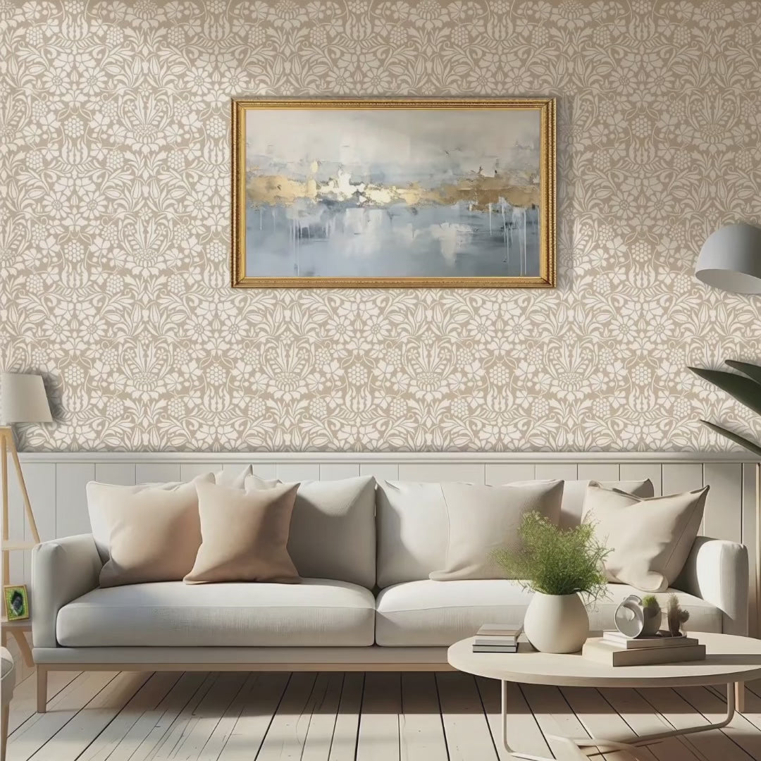 Thistle and Vine wall stencil in living room with mother and daughter sitting on the couch video.